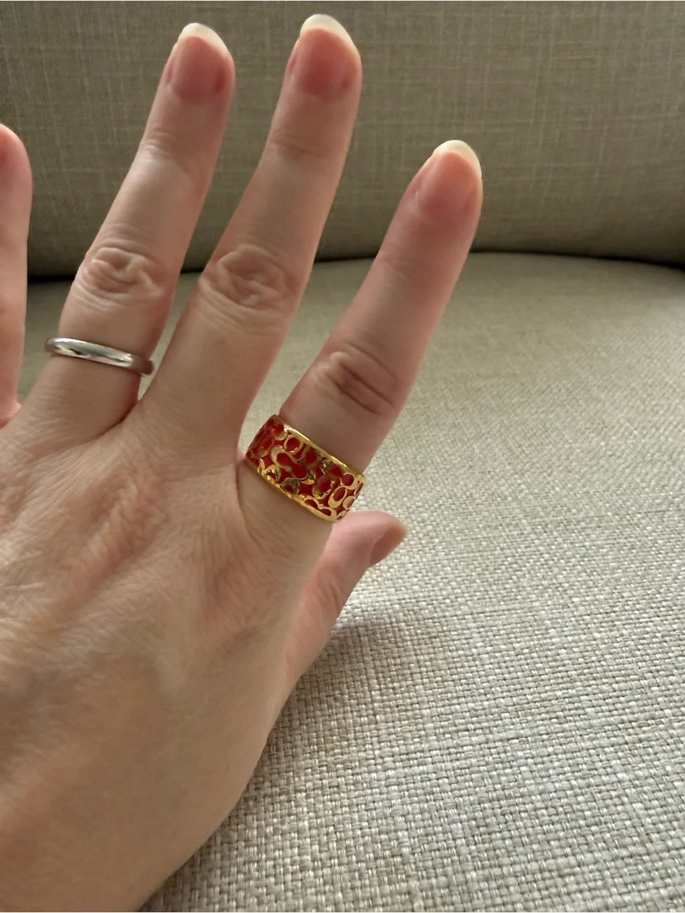 Coach Gold and Pink Enamel Wide Band Ring Sz 6